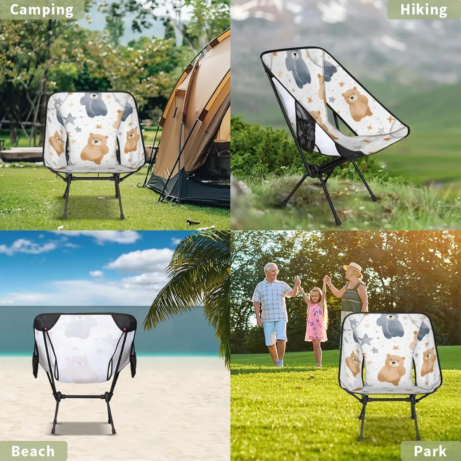 Honeybaby Folding Camping Chair Bears Stars Camping Chairs Lightweight Portable Chair Outdoor Foldable Chairs for Camping Travel Picnic Beach Hiking