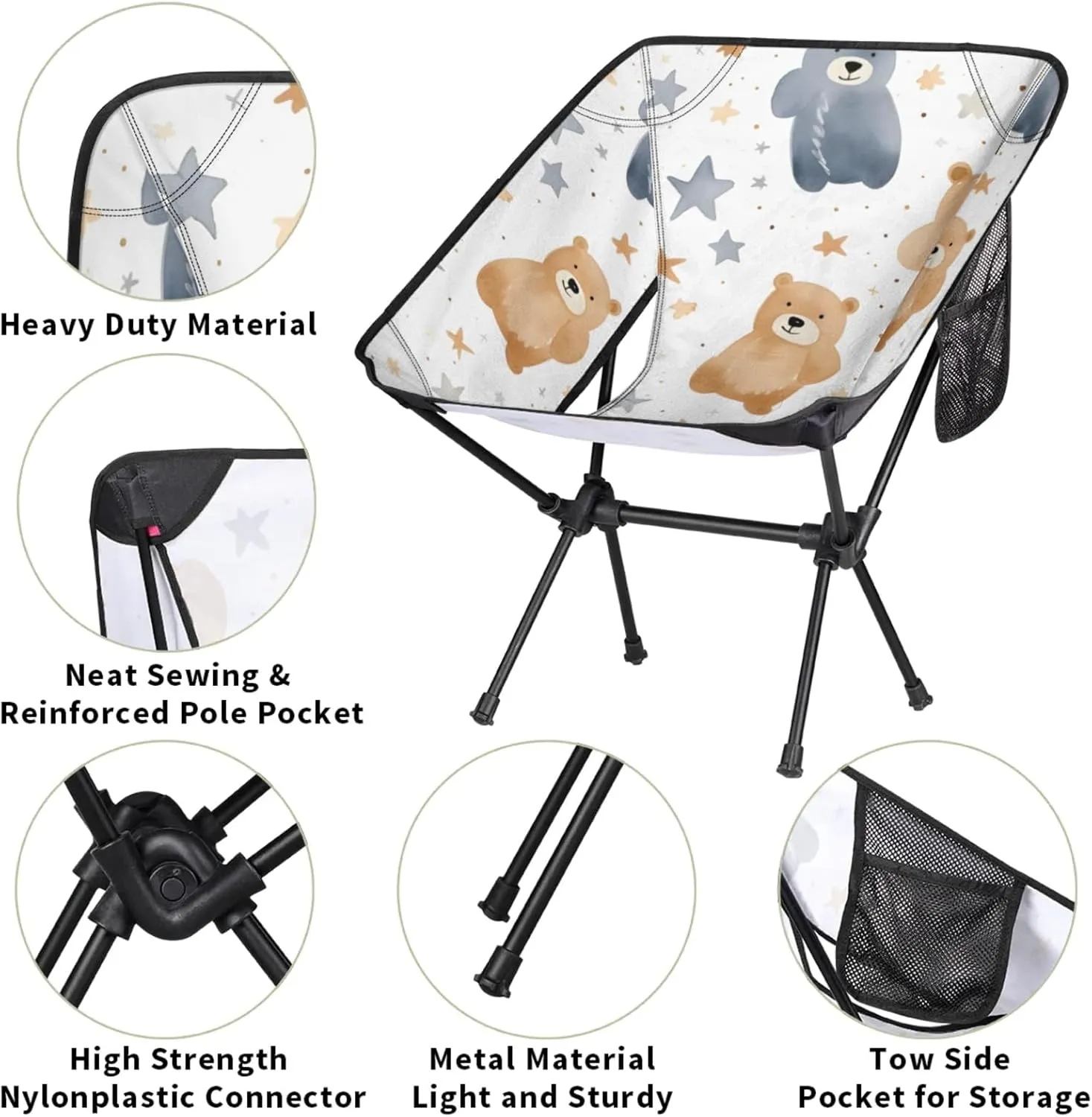 Honeybaby Folding Camping Chair Bears Stars Camping Chairs Lightweight Portable Chair Outdoor Foldable Chairs for Camping Travel Picnic Beach Hiking