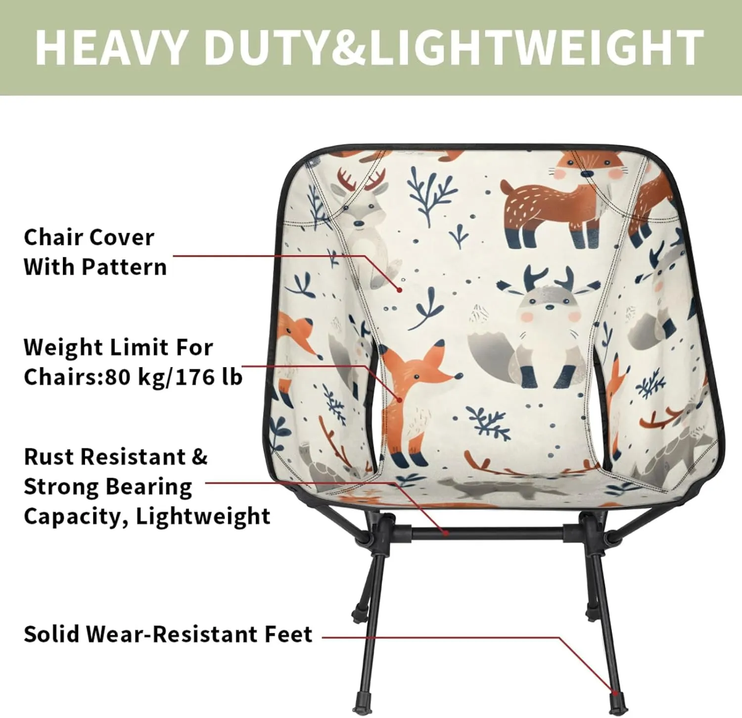 Honeybaby Folding Camping Chair Cute Fox Deer Camping Chairs Lightweight Portable Chair Outdoor Foldable Chairs for Camping Travel Picnic Beach Hiking