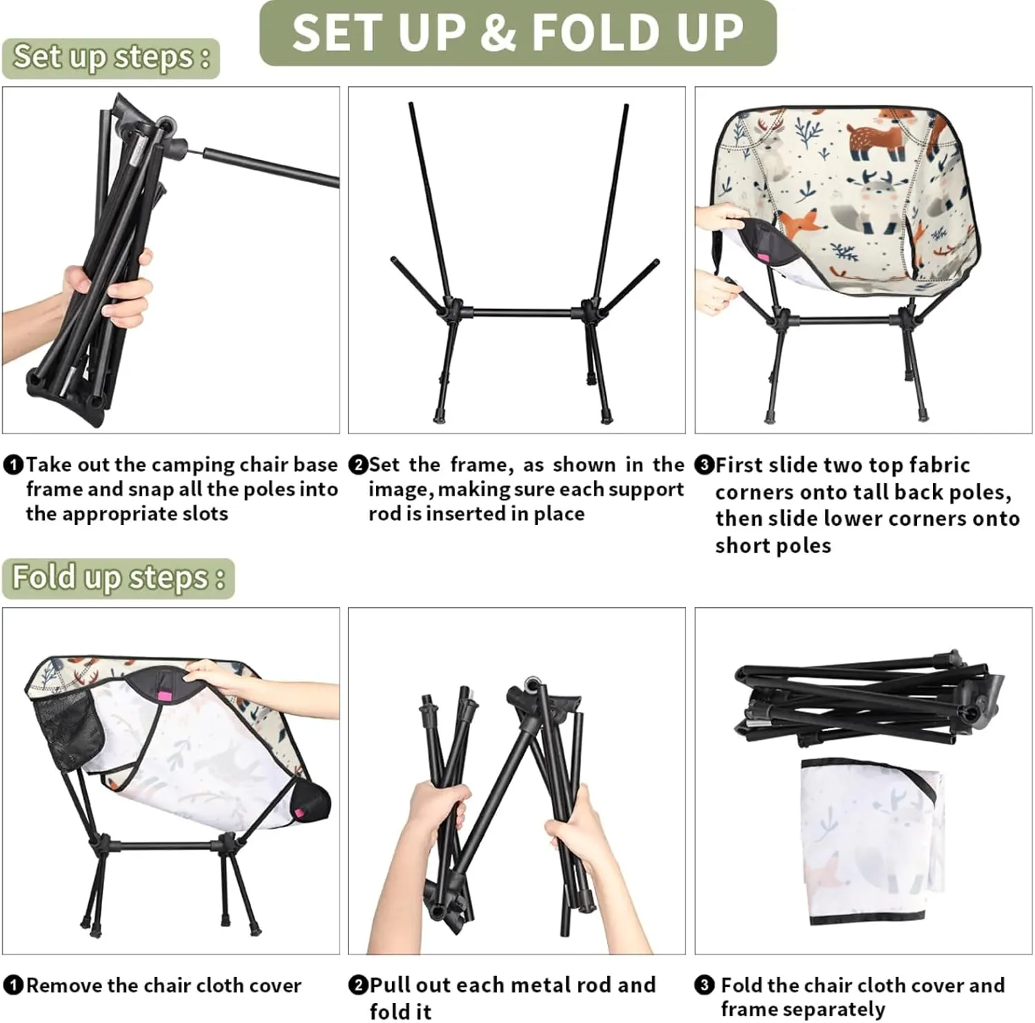 Honeybaby Folding Camping Chair Cute Fox Deer Camping Chairs Lightweight Portable Chair Outdoor Foldable Chairs for Camping Travel Picnic Beach Hiking