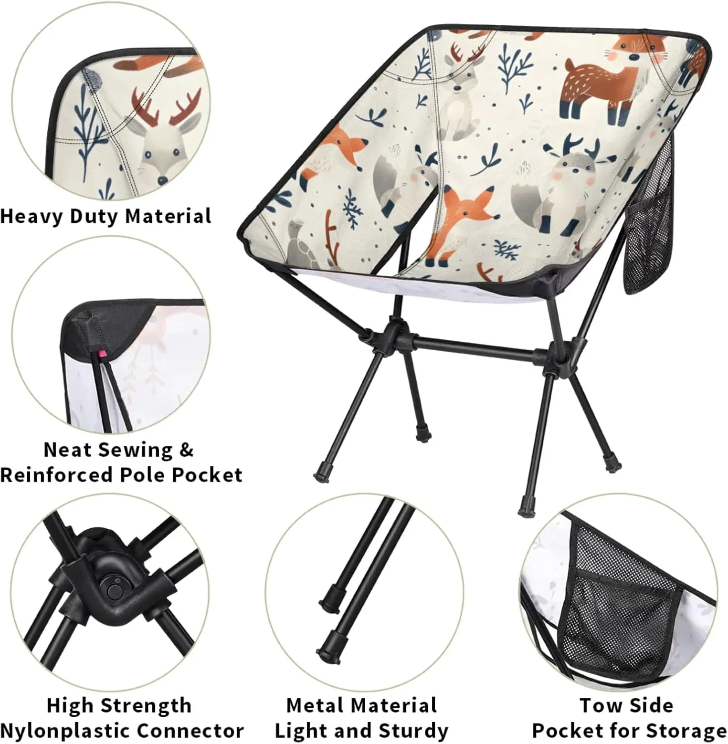 Honeybaby Folding Camping Chair Cute Fox Deer Camping Chairs Lightweight Portable Chair Outdoor Foldable Chairs for Camping Travel Picnic Beach Hiking