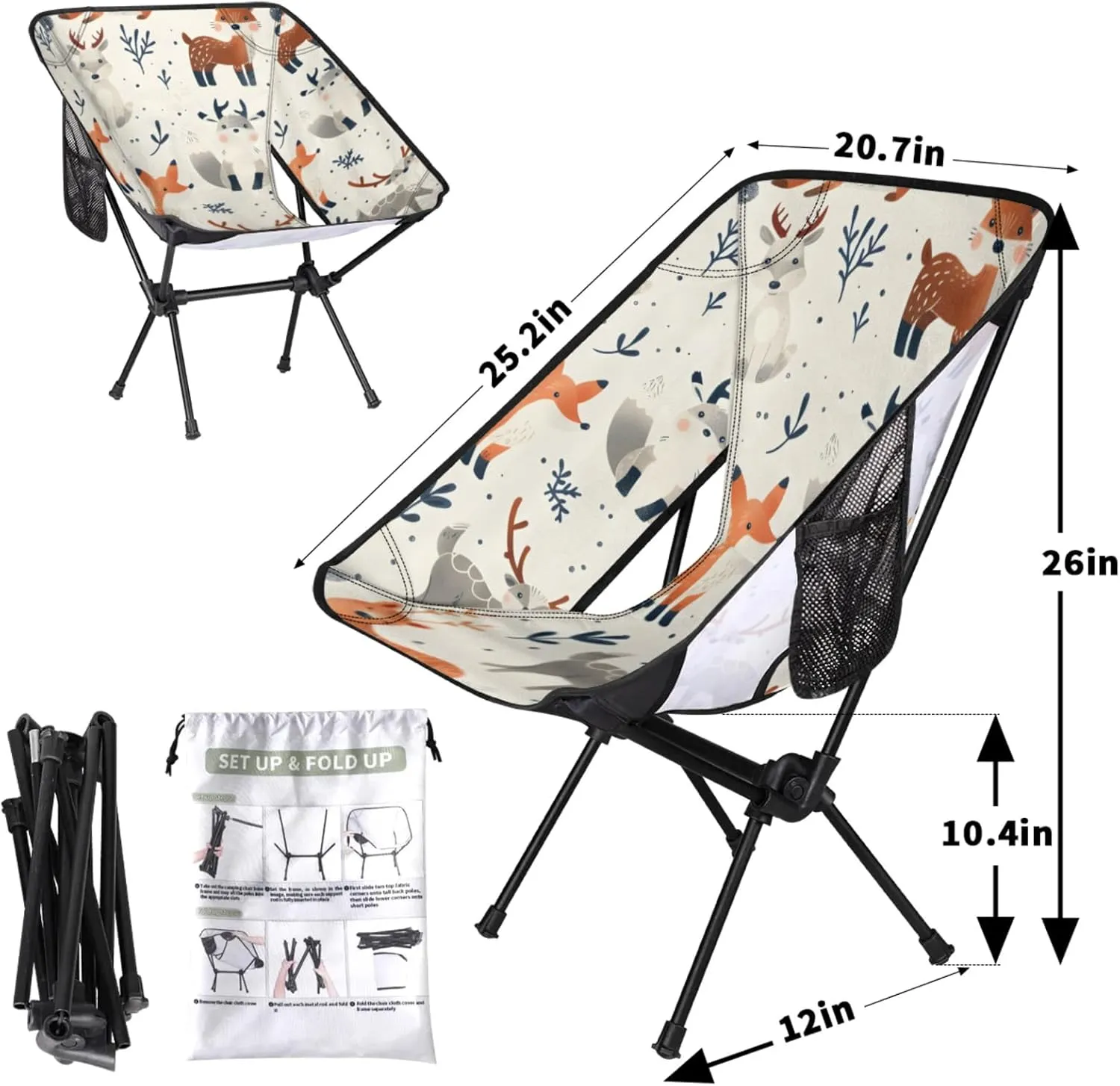 Honeybaby Folding Camping Chair Cute Fox Deer Camping Chairs Lightweight Portable Chair Outdoor Foldable Chairs for Camping Travel Picnic Beach Hiking