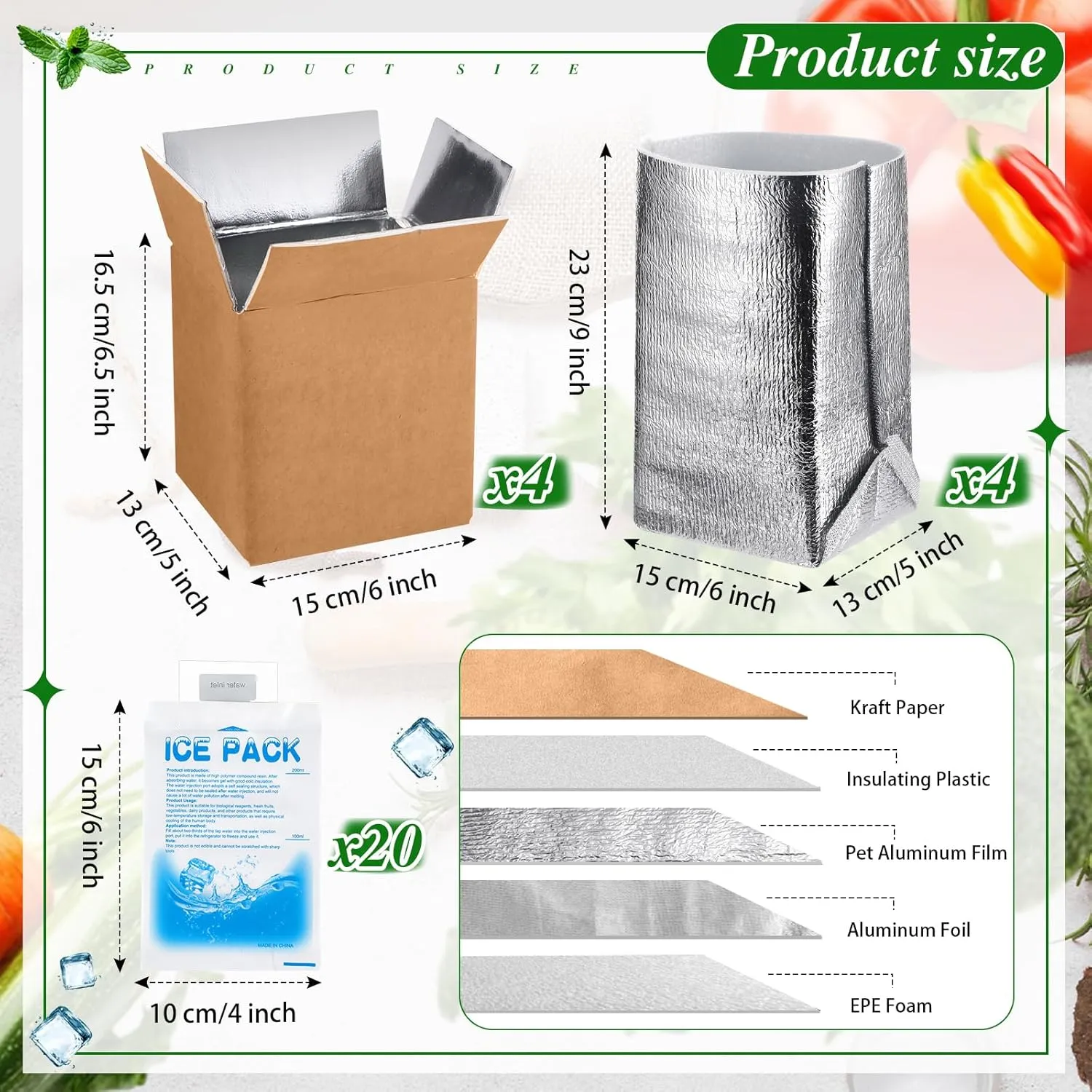 Honoson 4 Pack Insulated Shipping Box with Aluminum Foil Liner and Reusable Ice Pack for Shipping Reusable Cold Pack Shipping Container for Hot Frozen Food Shipper Cooler Box for Mailing Moving