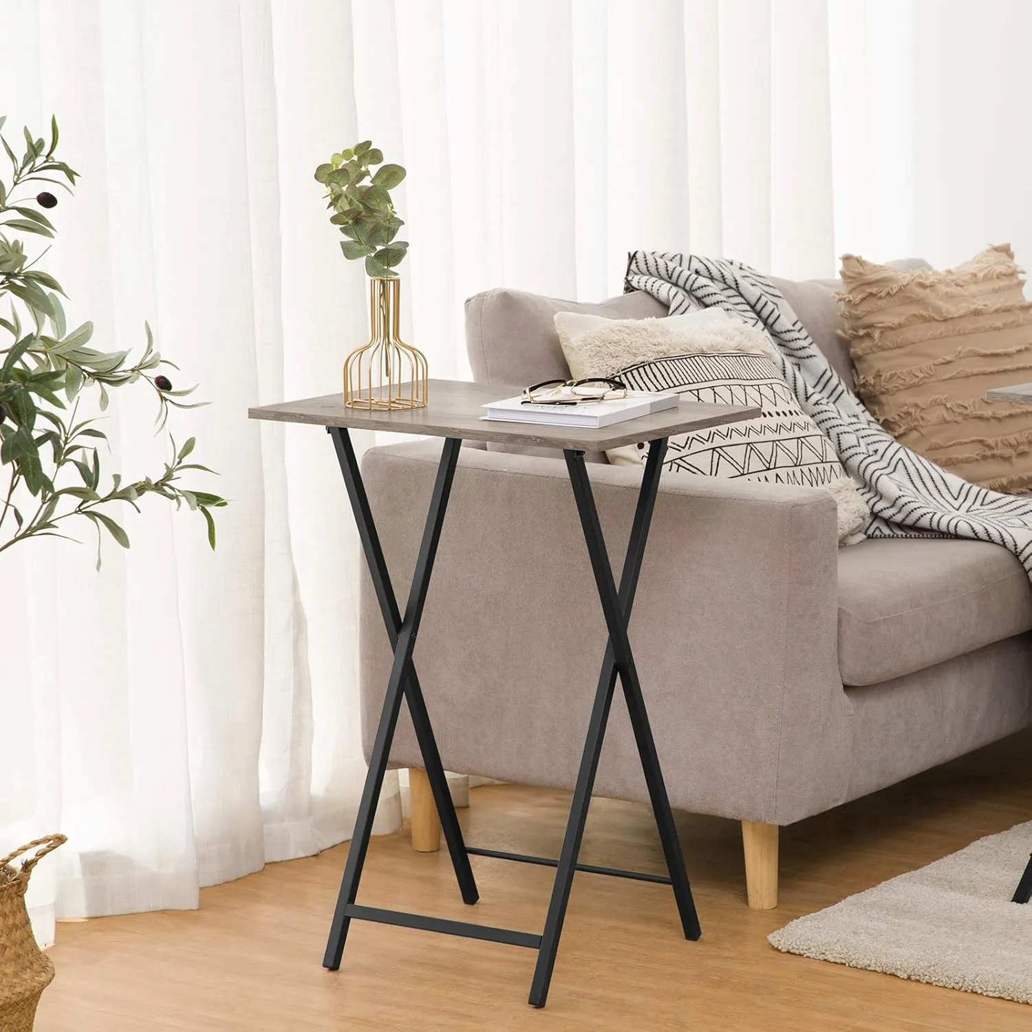 HOOBRO Folding TV Table, TV Tray, Stable Snack Table for Small Space, Portable Sofaside Desk, Easy Assembly and Storage, Ideal for Snacks and Meals in Living Room, Greige and Black BG15BZ01