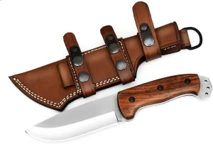 Horizontal Carry Knife, Handmade Bushcraft Knife with Rosewood Handle & Leather Sheath, High Carbon Steel Blade Knives for Hunting