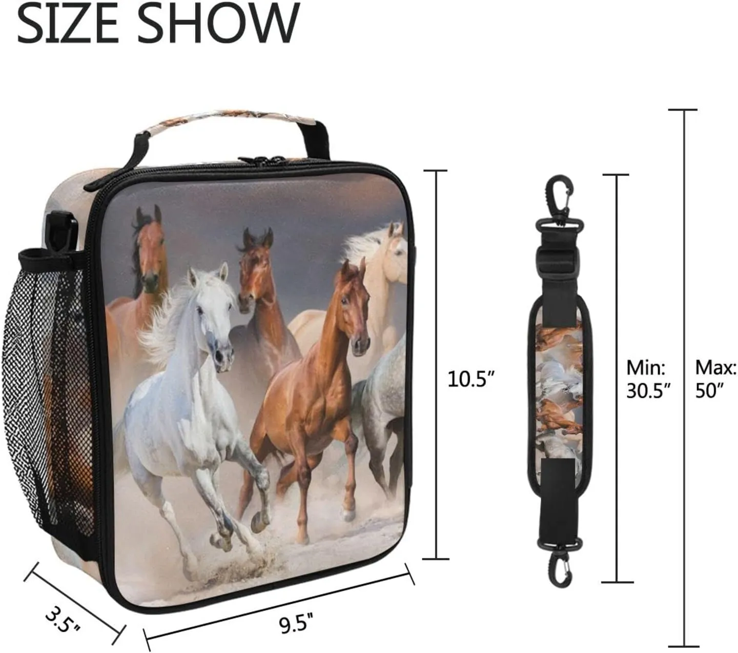 Horse Lunch Box Kids Cooler Insulated Lunch Bag 3D Animal Horses Print Cooler Bag Tote Freezable Shoulder Strap Lunchbox Zipper Handbag Waterproof Picnic Meal for School Office