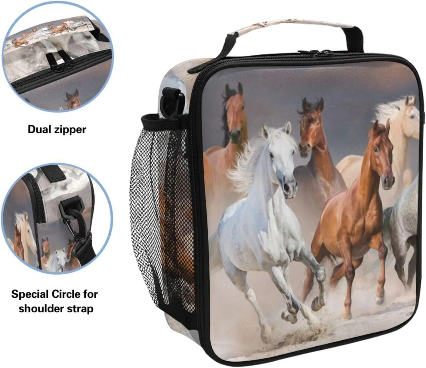 Horse Lunch Box Kids Cooler Insulated Lunch Bag 3D Animal Horses Print Cooler Bag Tote Freezable Shoulder Strap Lunchbox Zipper Handbag Waterproof Picnic Meal for School Office