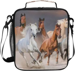 Horse Lunch Box Kids Cooler Insulated Lunch Bag 3D Animal Horses Print Cooler Bag Tote Freezable Shoulder Strap Lunchbox Zipper Handbag Waterproof Picnic Meal for School Office