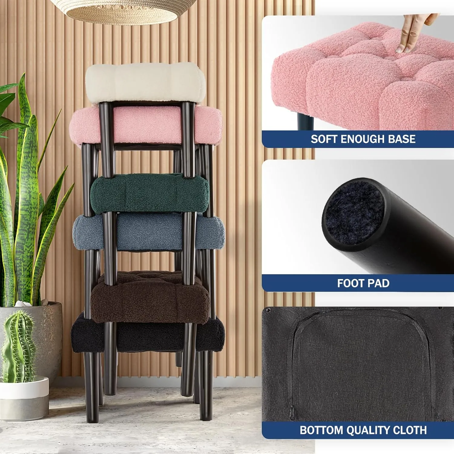 HOUCHICS Fur Padded Foot Stool, Small Ottoman Foot Rest with Wooden Legs,Modern Rectangle Chair Foot Rest Foot Step Stool for Living Room, Couch, Desk(Pink)