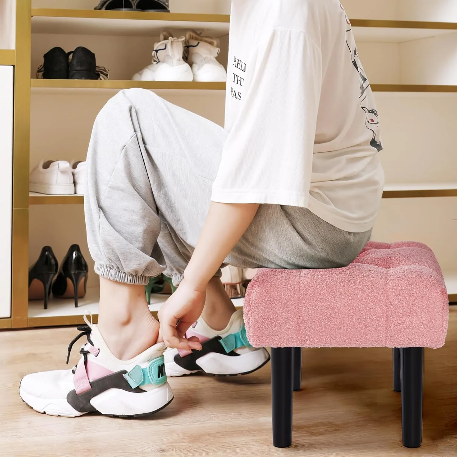 HOUCHICS Fur Padded Foot Stool, Small Ottoman Foot Rest with Wooden Legs,Modern Rectangle Chair Foot Rest Foot Step Stool for Living Room, Couch, Desk(Pink)