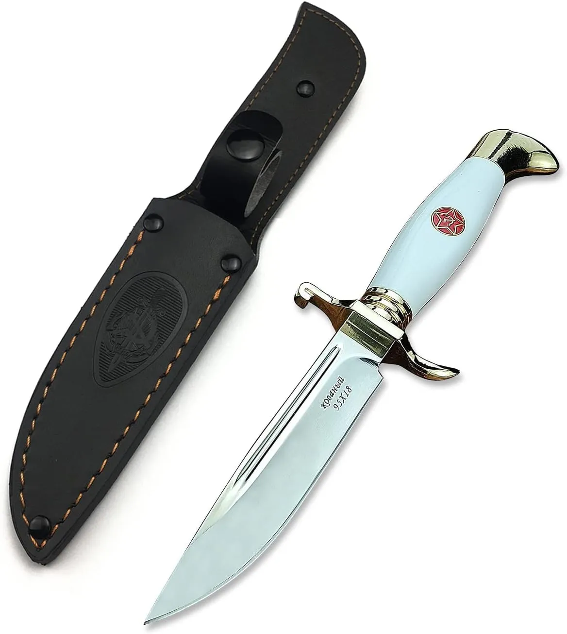 HUAAO 10.2in Fixed Blade Hunting Knife With Sheath, Bowie Full Tang, 440C Blade Acrylic Handle, Survival Camping for Outdoor Bushcraft (White Handle)