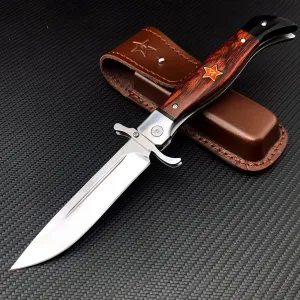 HUAAO Tactical Folding Knife, 4.4in Stainless Steel Mirror Blade, Rosewood Handle with Leather Sheath, EDC Knife with Safety Liner-Lock, Hand-blocking Design
