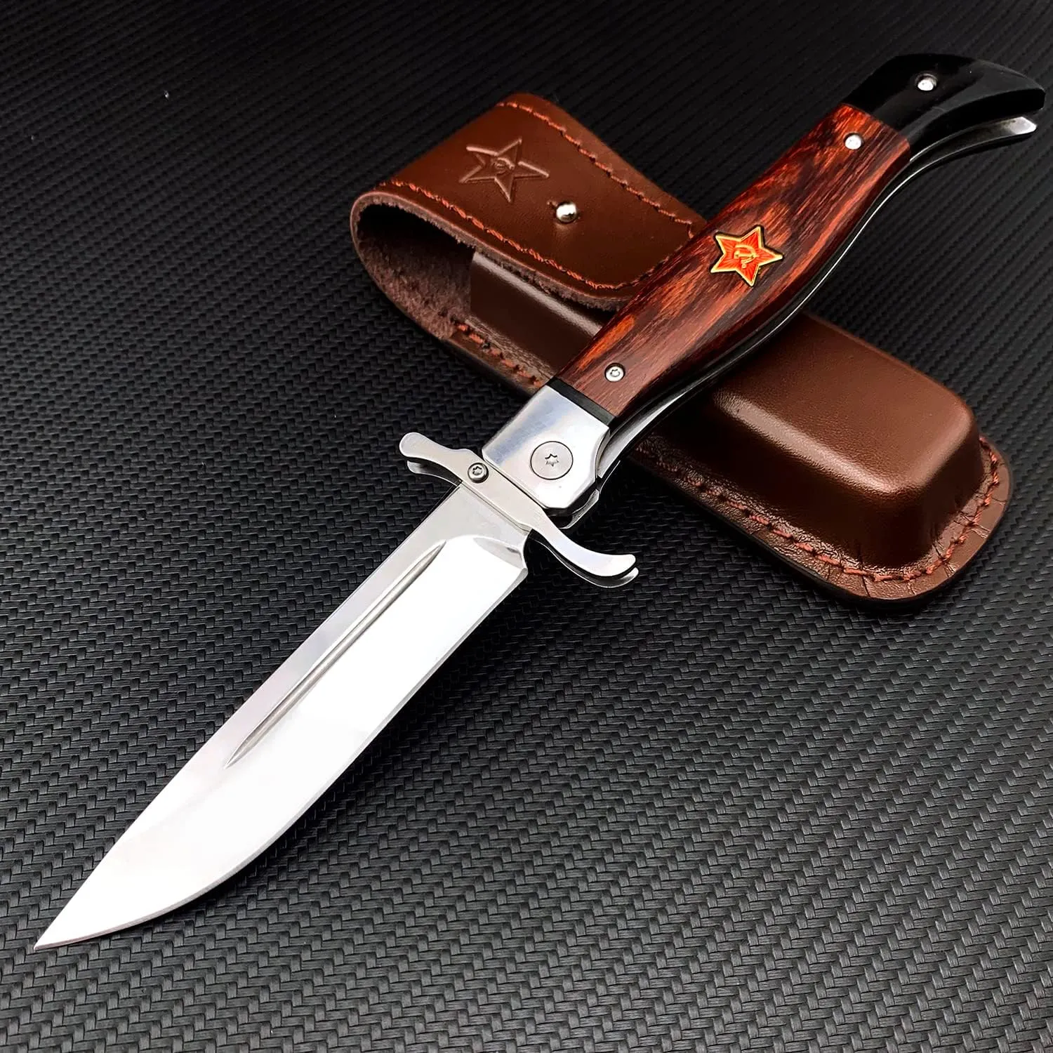 HUAAO Tactical Folding Knife, 4.4in Stainless Steel Mirror Blade, Rosewood Handle with Leather Sheath, EDC Knife with Safety Liner-Lock, Hand-blocking Design