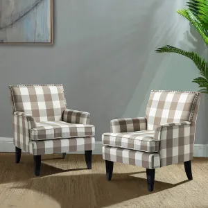 HULALA Home Modern Accent Chairs Set of 2, Farmhouse High Back Buffalo Plaid Chairs with Wooden Legs & Nail Head Trim, Comfy Upholstered Armchairs for Living Room/Bedroom (Buffalo Beige)