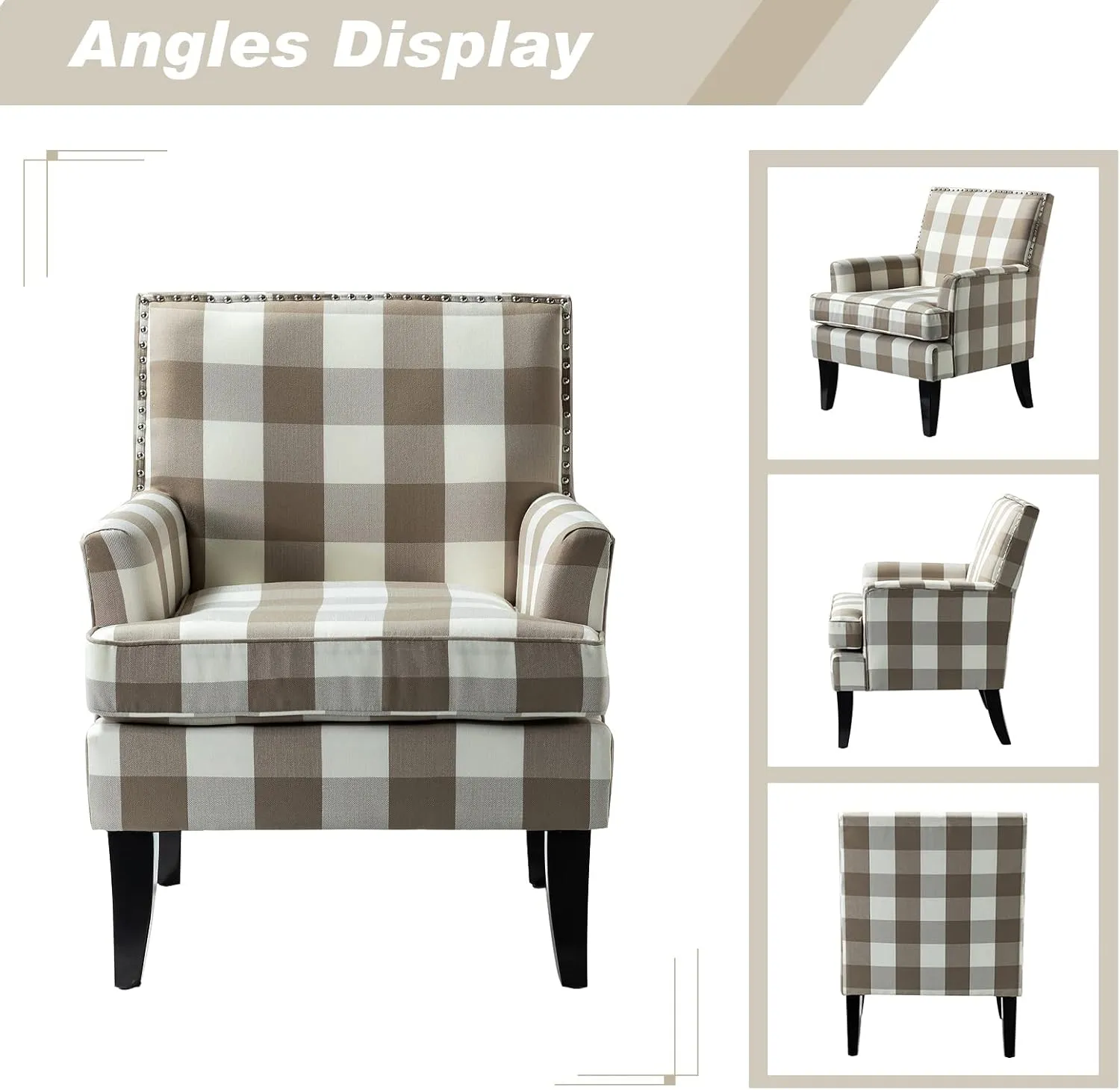 HULALA Home Modern Accent Chairs Set of 2, Farmhouse High Back Buffalo Plaid Chairs with Wooden Legs & Nail Head Trim, Comfy Upholstered Armchairs for Living Room/Bedroom (Buffalo Beige)