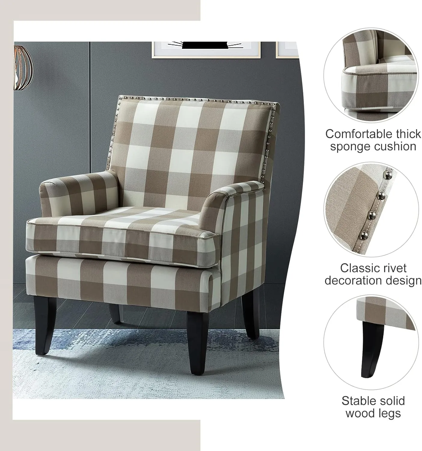 HULALA Home Modern Accent Chairs Set of 2, Farmhouse High Back Buffalo Plaid Chairs with Wooden Legs & Nail Head Trim, Comfy Upholstered Armchairs for Living Room/Bedroom (Buffalo Beige)