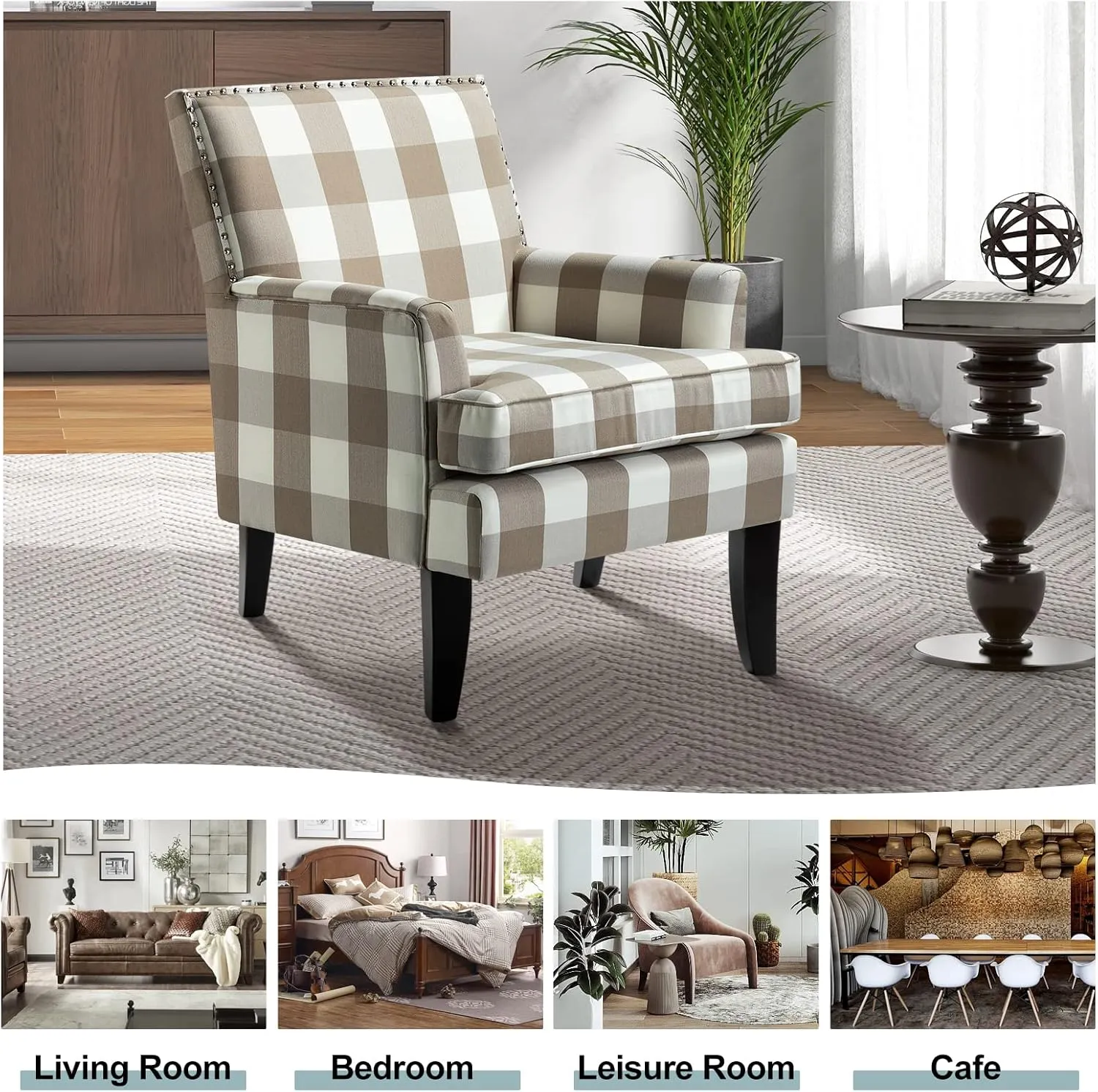 HULALA Home Modern Accent Chairs Set of 2, Farmhouse High Back Buffalo Plaid Chairs with Wooden Legs & Nail Head Trim, Comfy Upholstered Armchairs for Living Room/Bedroom (Buffalo Beige)