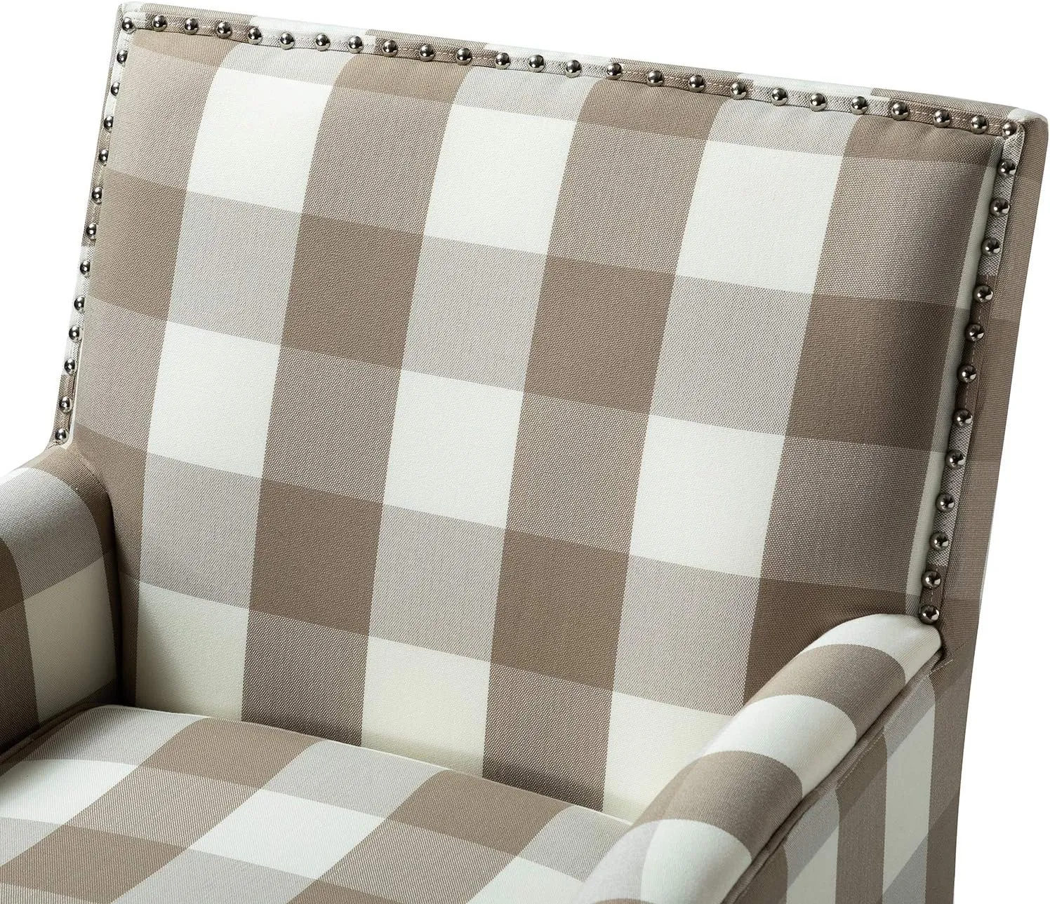 HULALA Home Modern Accent Chairs Set of 2, Farmhouse High Back Buffalo Plaid Chairs with Wooden Legs & Nail Head Trim, Comfy Upholstered Armchairs for Living Room/Bedroom (Buffalo Beige)