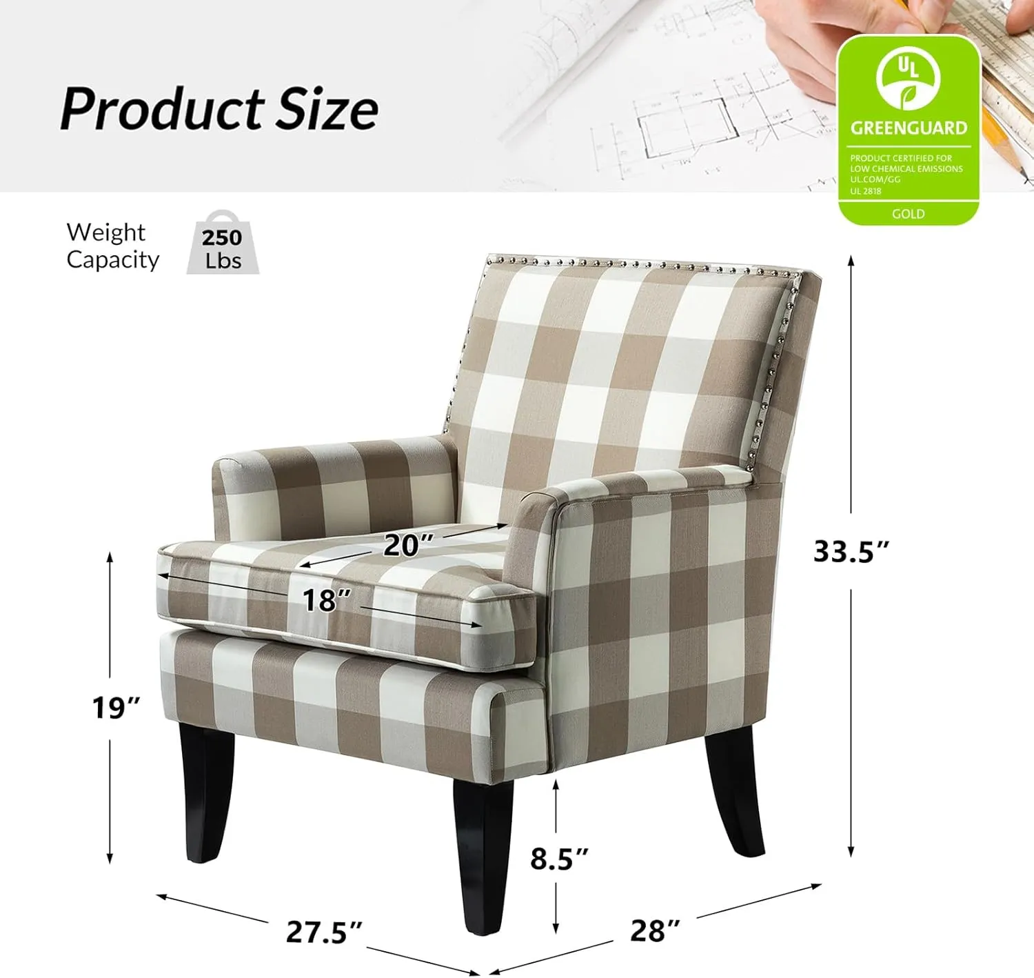 HULALA Home Modern Accent Chairs Set of 2, Farmhouse High Back Buffalo Plaid Chairs with Wooden Legs & Nail Head Trim, Comfy Upholstered Armchairs for Living Room/Bedroom (Buffalo Beige)