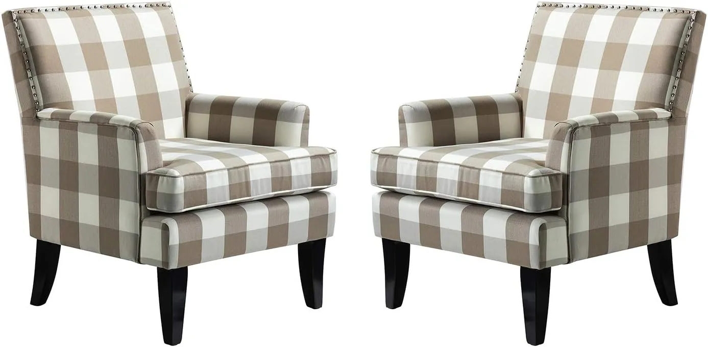 HULALA Home Modern Accent Chairs Set of 2, Farmhouse High Back Buffalo Plaid Chairs with Wooden Legs & Nail Head Trim, Comfy Upholstered Armchairs for Living Room/Bedroom (Buffalo Beige)