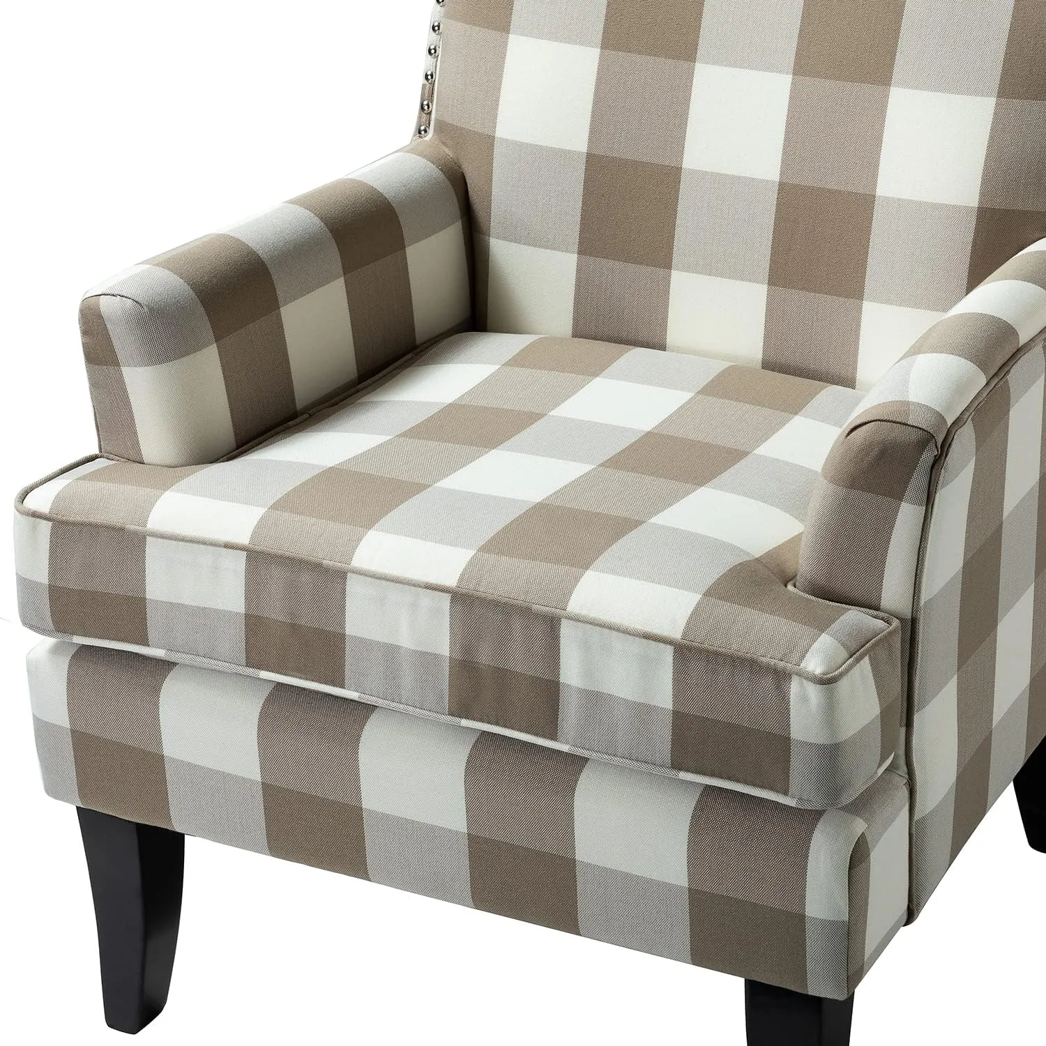 HULALA Home Modern Accent Chairs Set of 2, Farmhouse High Back Buffalo Plaid Chairs with Wooden Legs & Nail Head Trim, Comfy Upholstered Armchairs for Living Room/Bedroom (Buffalo Beige)