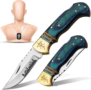 Huntex 3.25" Folding Pocket Knife, 420HC Blade, Pakka Wood Handle, Brass Lord of the Rings Symbol, EDC Tactical Knife with Gift Locket, Ideal for Camping, Survival, and Gifts (Blue Sheath)