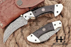 HUNTEX Custom Handmade Hand-Forged Rain Drop Pattern Damascus Steel 4 Inch Long Natural Buffalo Horn Handle Razor Sharp Camping Hunting Folding Pocket Sheepsfoot Knife with Genuine Leather Pouch