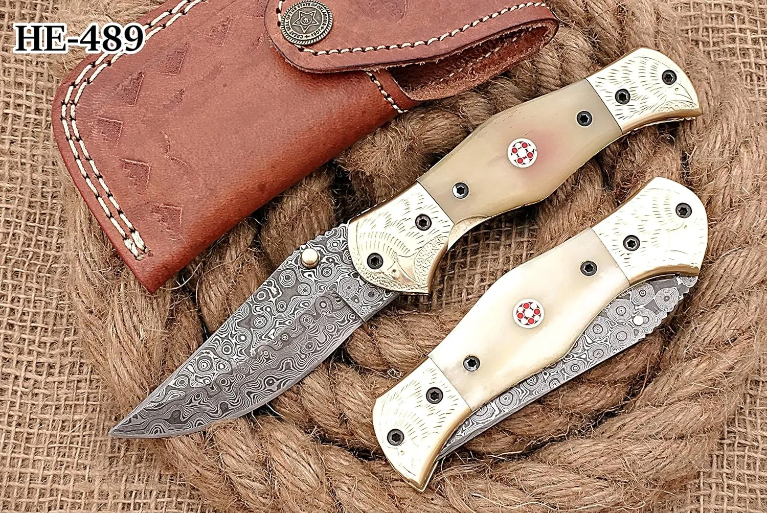 HUNTEX Custom Handmade Hand-Forged Rain Drop Pattern Damascus Steel 4 Inch Long Natural Camel Bone Handle Razor Sharp Camping Hunting Folding Pocket Hunter's Knife with Genuine Leather Pouch