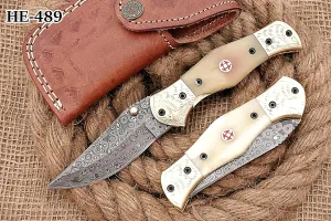 HUNTEX Custom Handmade Hand-Forged Rain Drop Pattern Damascus Steel 4 Inch Long Natural Camel Bone Handle Razor Sharp Camping Hunting Folding Pocket Hunter's Knife with Genuine Leather Pouch