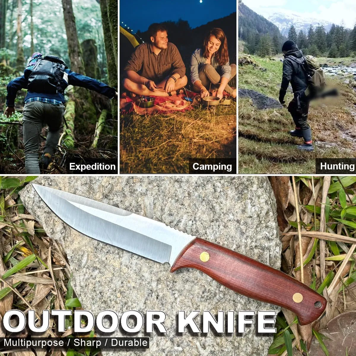 Hunting D2 Steel Knife Fix Blade Skinning Knife 9 Inches with Leather Sheath, Solid and Sharp D2 Blade Comfortable Natural Wood Handle for Camping, Hiking, Survival (Brown-2301)
