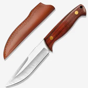 Hunting D2 Steel Knife Fix Blade Skinning Knife 9 Inches with Leather Sheath, Solid and Sharp D2 Blade Comfortable Natural Wood Handle for Camping, Hiking, Survival (Brown-2301)