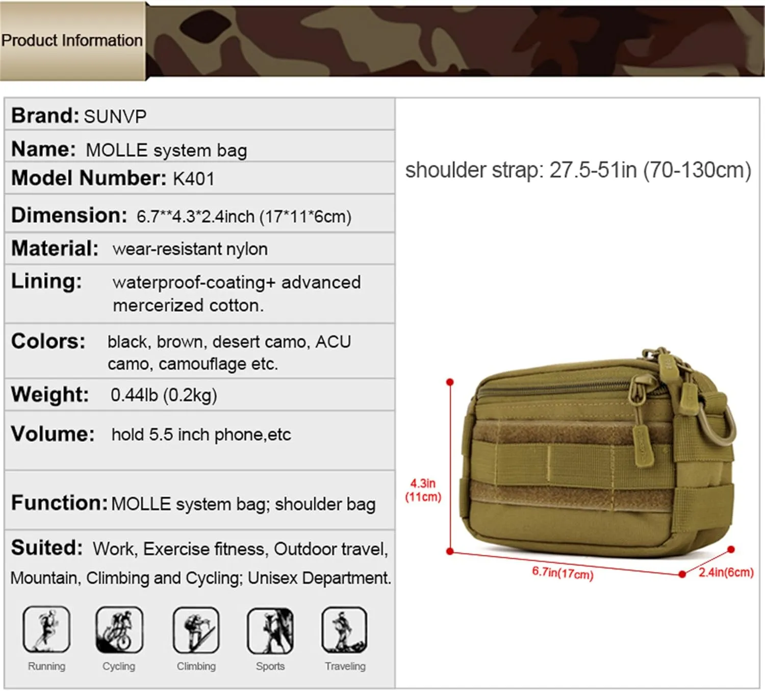Huntvp Tactical Utility MOLLE Pouch Outdoor Casual Messenger Bag Military Waist Belt Bag Pack