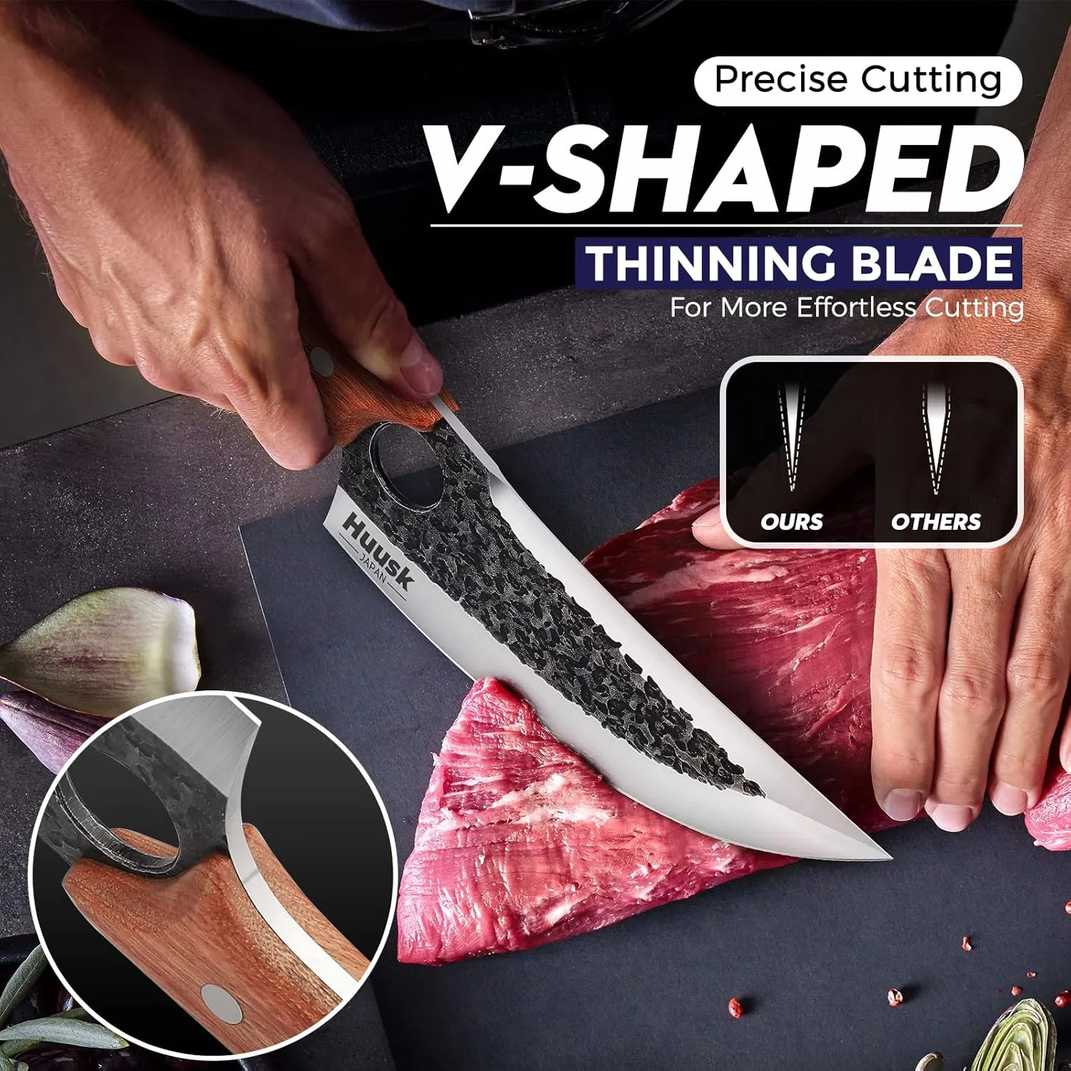 Huusk Knife Japan Kitchen, Upgraded Viking Knives with Sheath Hand Forged Butcher Knife for Meat Cutting Japanese Cooking Meat Cleaver Huusk Chef Knives for Outdoor Camping, BBQ