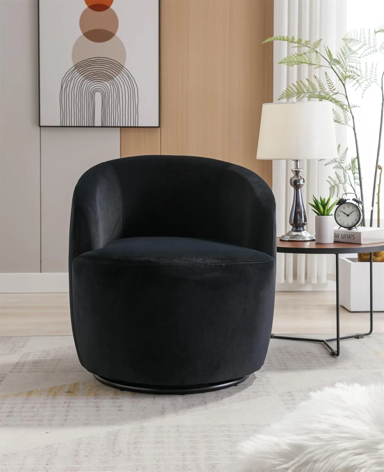 i-POOK Swivel Accent Chair, Modern Velvet Upholstered Armchair Lounge Chair with Metal Base and Padded Cushion Comfy Single Sofa Chair with 360 Degree Swiveling Accent Chairs for Living Room, Black