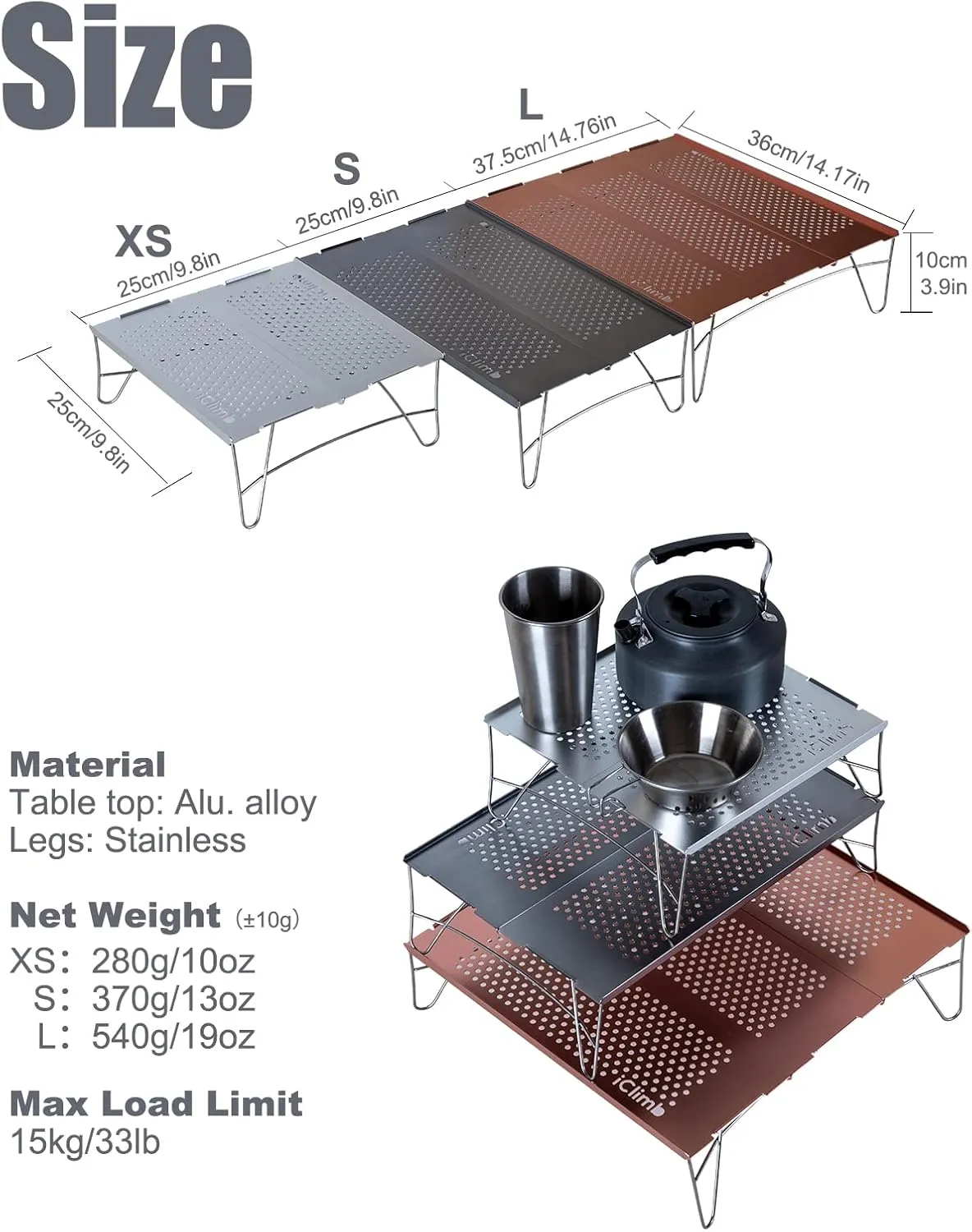 iClimb Mini Solo Folding Table Ultralight Compact for Backpacking Camping Hiking Beach Picnic (Silver - S)