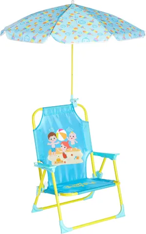 Idea Nuova CoComelon Kids Folding Beach Chair with Umbrella – Outdoor Portable Chair for Ages 3 , Lightweight with Safety Lock, Perfect for Beach, Park, or Backyard