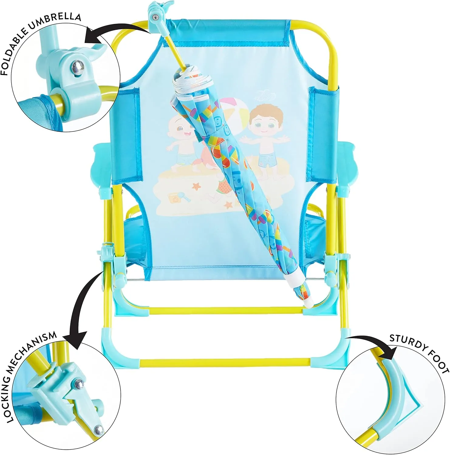 Idea Nuova CoComelon Kids Folding Beach Chair with Umbrella – Outdoor Portable Chair for Ages 3 , Lightweight with Safety Lock, Perfect for Beach, Park, or Backyard