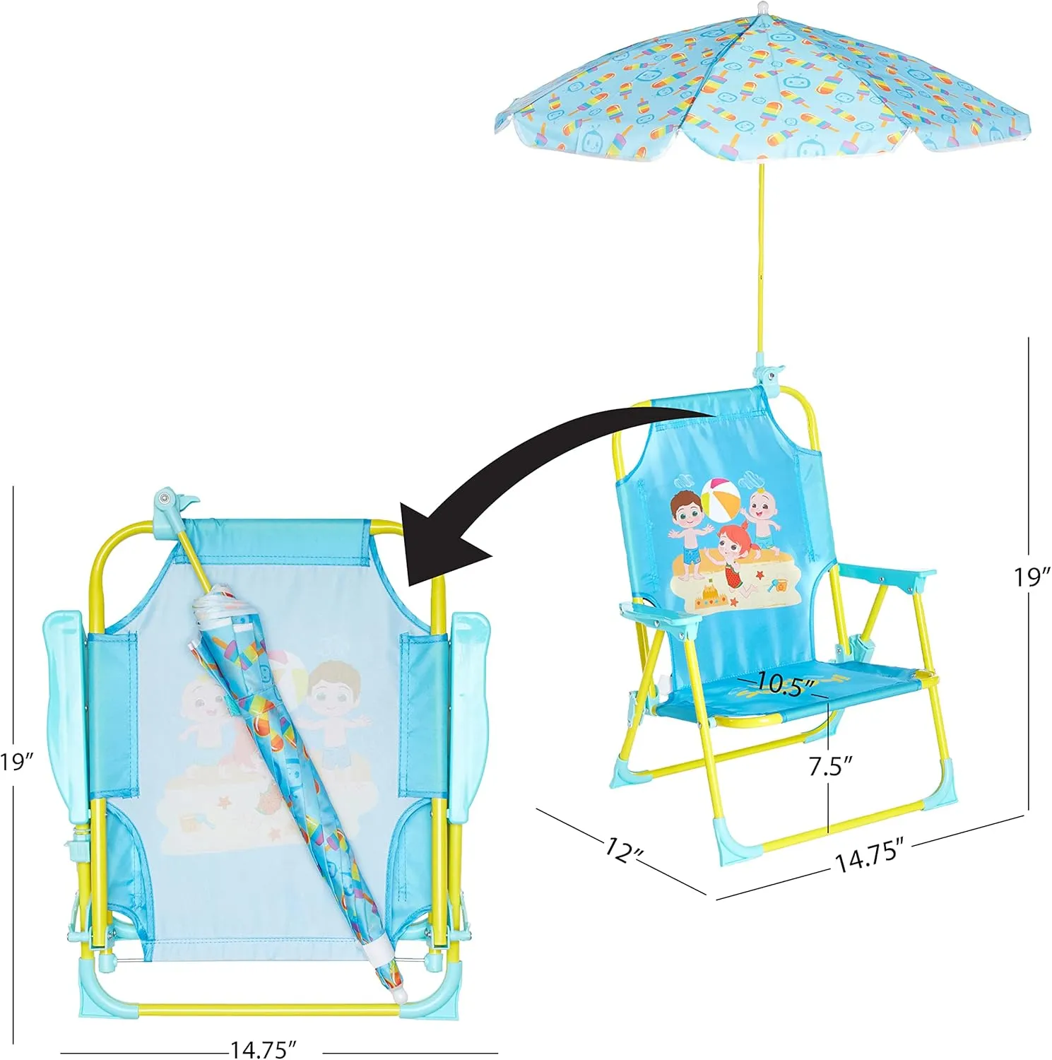 Idea Nuova CoComelon Kids Folding Beach Chair with Umbrella – Outdoor Portable Chair for Ages 3 , Lightweight with Safety Lock, Perfect for Beach, Park, or Backyard