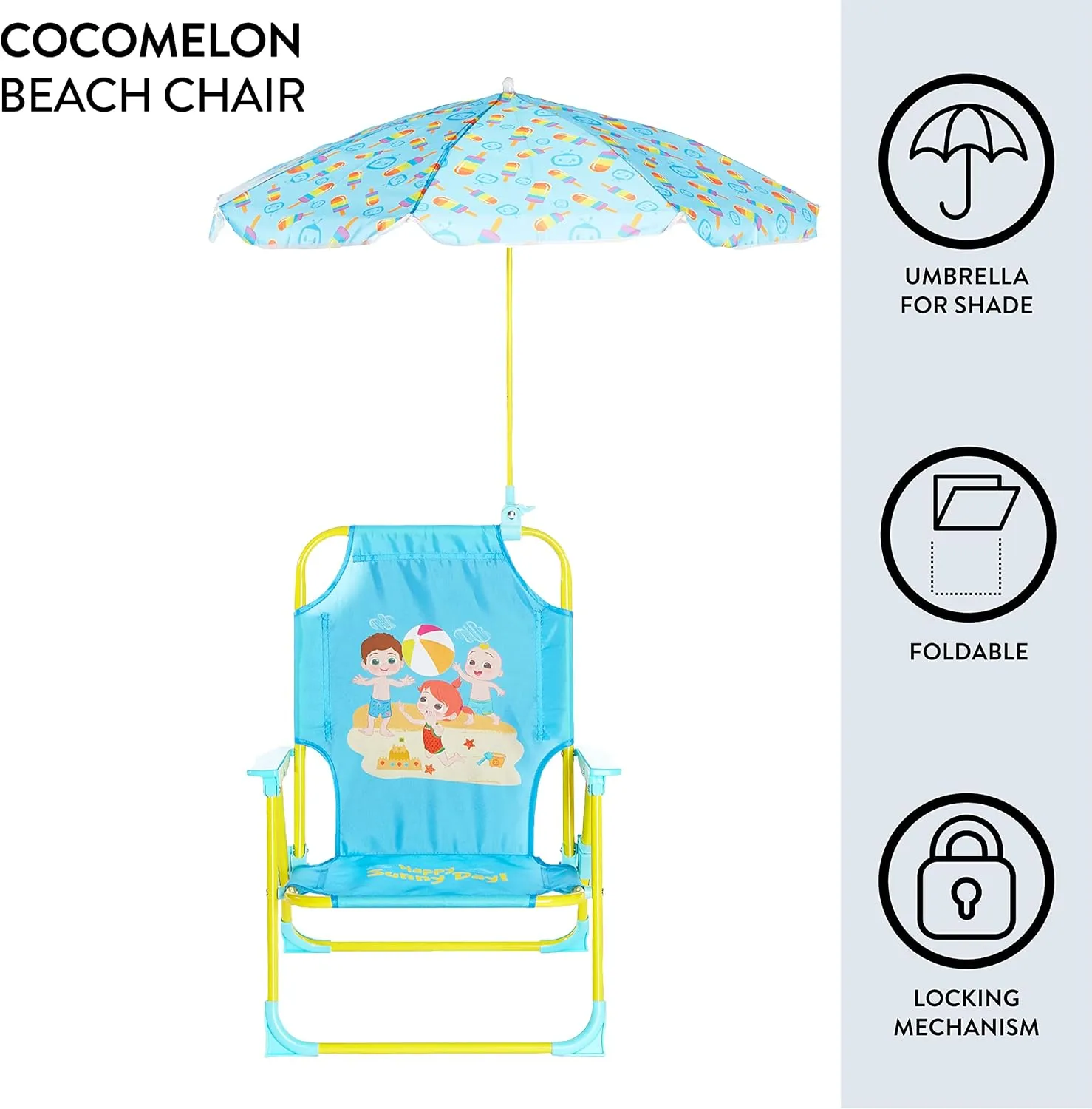 Idea Nuova CoComelon Kids Folding Beach Chair with Umbrella – Outdoor Portable Chair for Ages 3 , Lightweight with Safety Lock, Perfect for Beach, Park, or Backyard