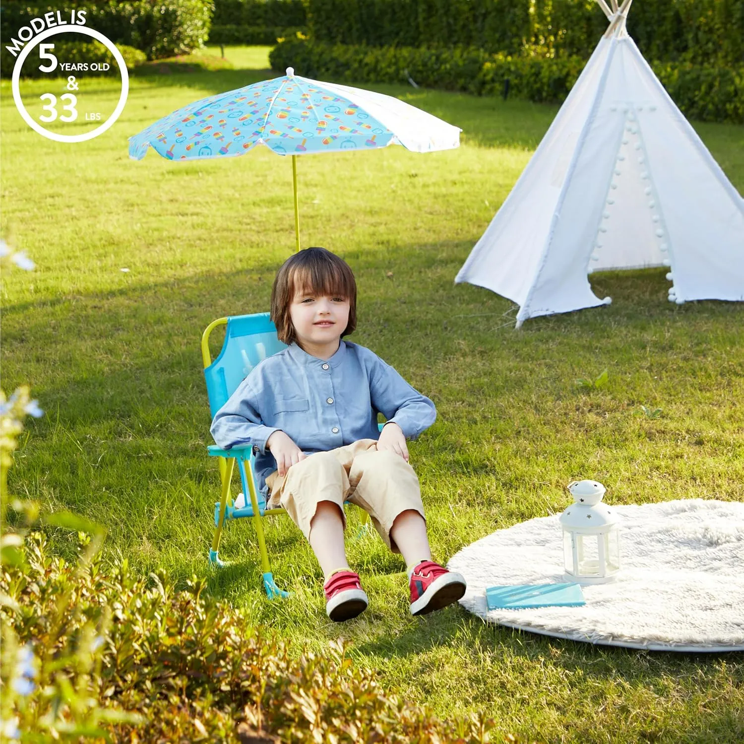 Idea Nuova CoComelon Kids Folding Beach Chair with Umbrella – Outdoor Portable Chair for Ages 3 , Lightweight with Safety Lock, Perfect for Beach, Park, or Backyard