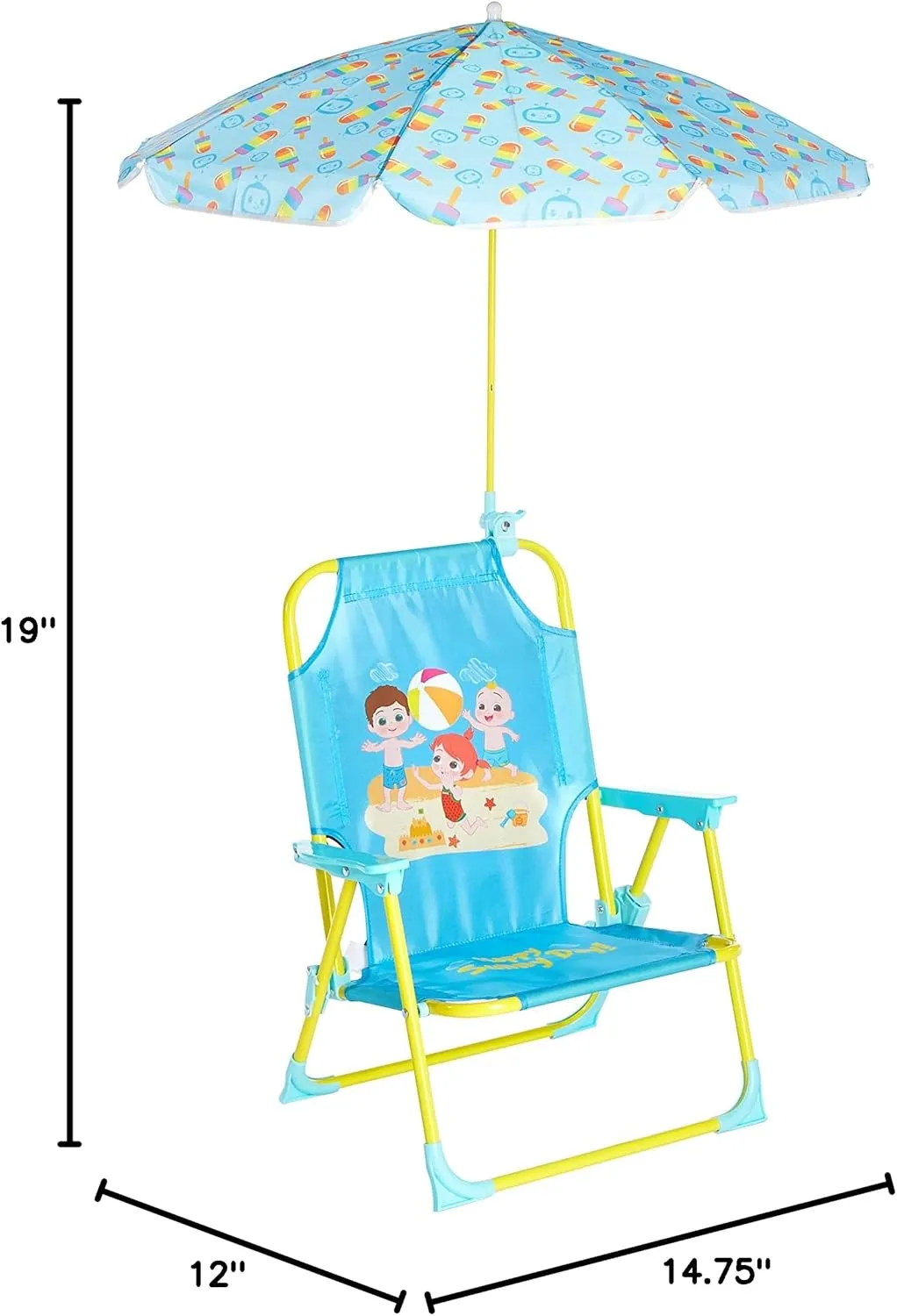 Idea Nuova CoComelon Kids Folding Beach Chair with Umbrella – Outdoor Portable Chair for Ages 3 , Lightweight with Safety Lock, Perfect for Beach, Park, or Backyard