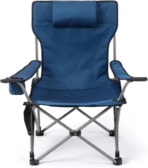 in 1 Folding Camping Chair with Cup Holder, Recliner Pillow and Side Pocket, for Fishing Beach Picnics, Blue