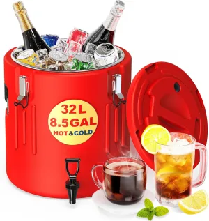 Insulated Beverage Cooler 8.5 Gallon / 34 Qt - Cold&Hot Drink Dispenser with Stainless Steel Interior & Spout, Portable Water Dispenser for Parties, Beverage Dispenser for Iced Water Coffee Cocoa Tea