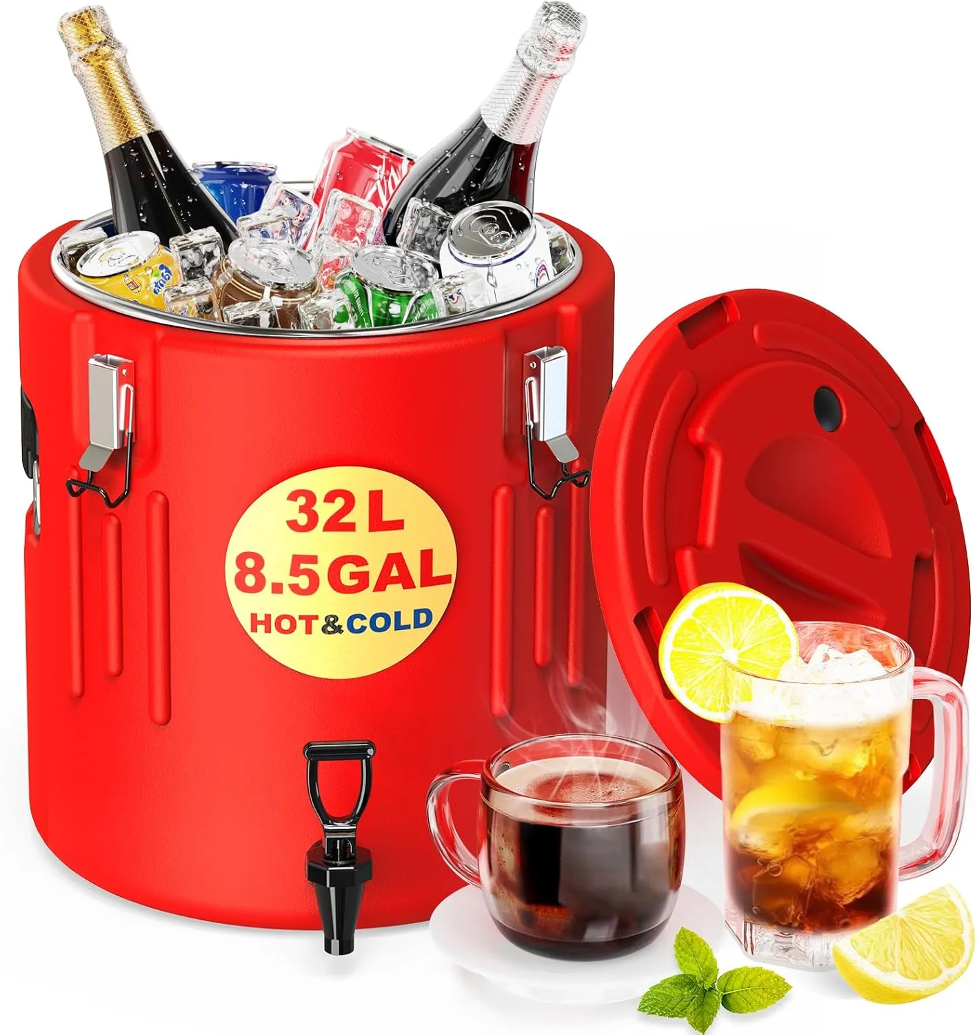 Insulated Beverage Cooler 8.5 Gallon / 34 Qt - Cold&Hot Drink Dispenser with Stainless Steel Interior & Spout, Portable Water Dispenser for Parties, Beverage Dispenser for Iced Water Coffee Cocoa Tea
