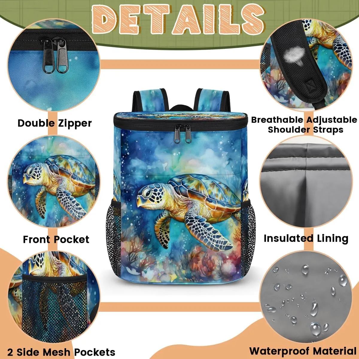 Insulated Cooler Backpack Sea Turtle Ice Chest Backpack Lightweight Cooler Bag