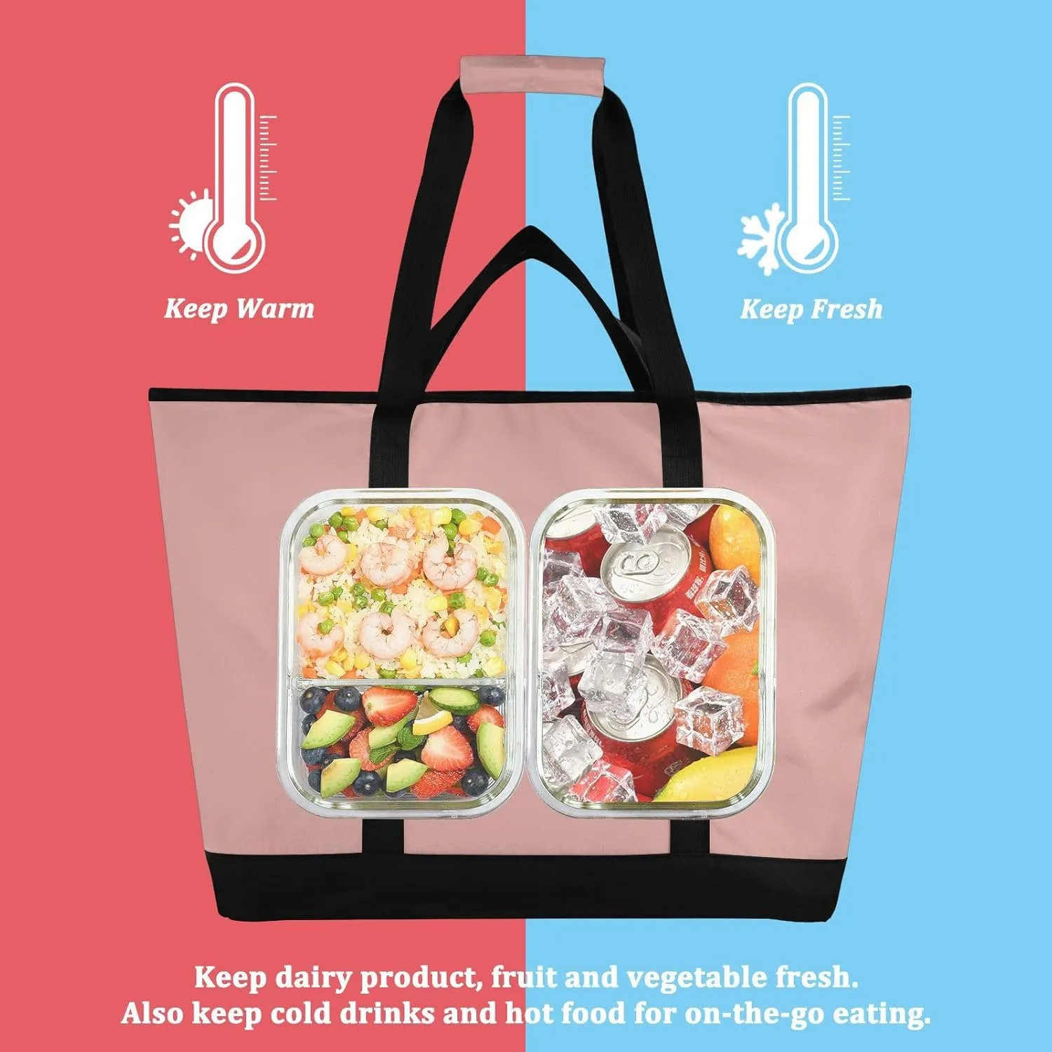Insulated Cooler Tote Bag Keeps Food Hot or Cold Reusable Shopping Bags for Groceries with Zipper for Beach Travel Picnics