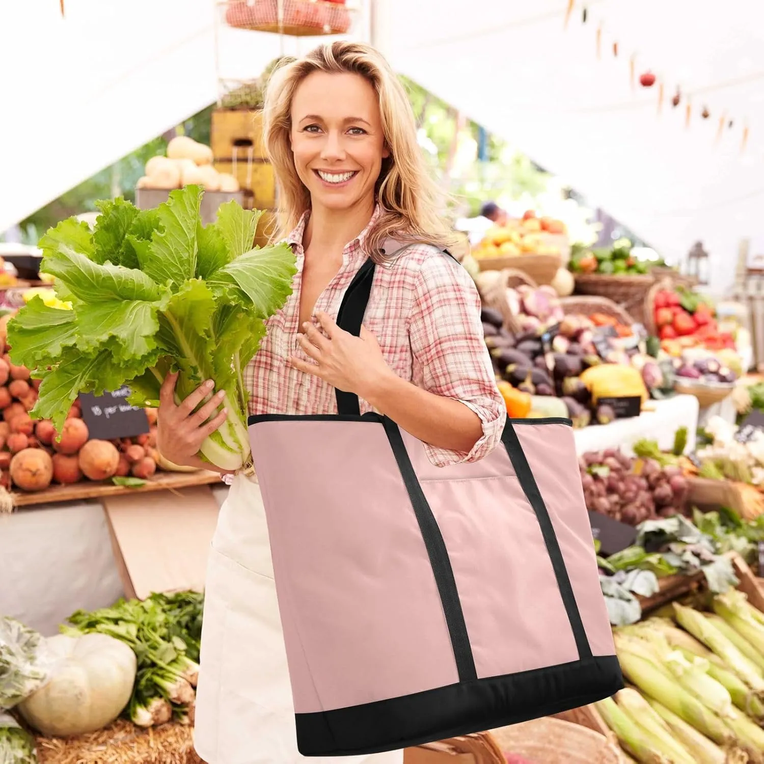 Insulated Cooler Tote Bag Keeps Food Hot or Cold Reusable Shopping Bags for Groceries with Zipper for Beach Travel Picnics