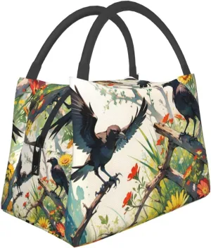 Insulated Lunch Bag for Men Women, Reusable Large Capacity Lunch Box, Leakproof Thermal Meal Cooler Handbags Tote Bag for Office Work Picnic, Crow Sunflowers Daisy Flowers