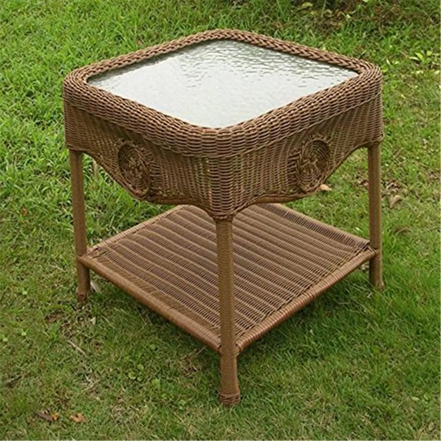 International Caravan Furniture Piece Wicker Glass Top Side Table