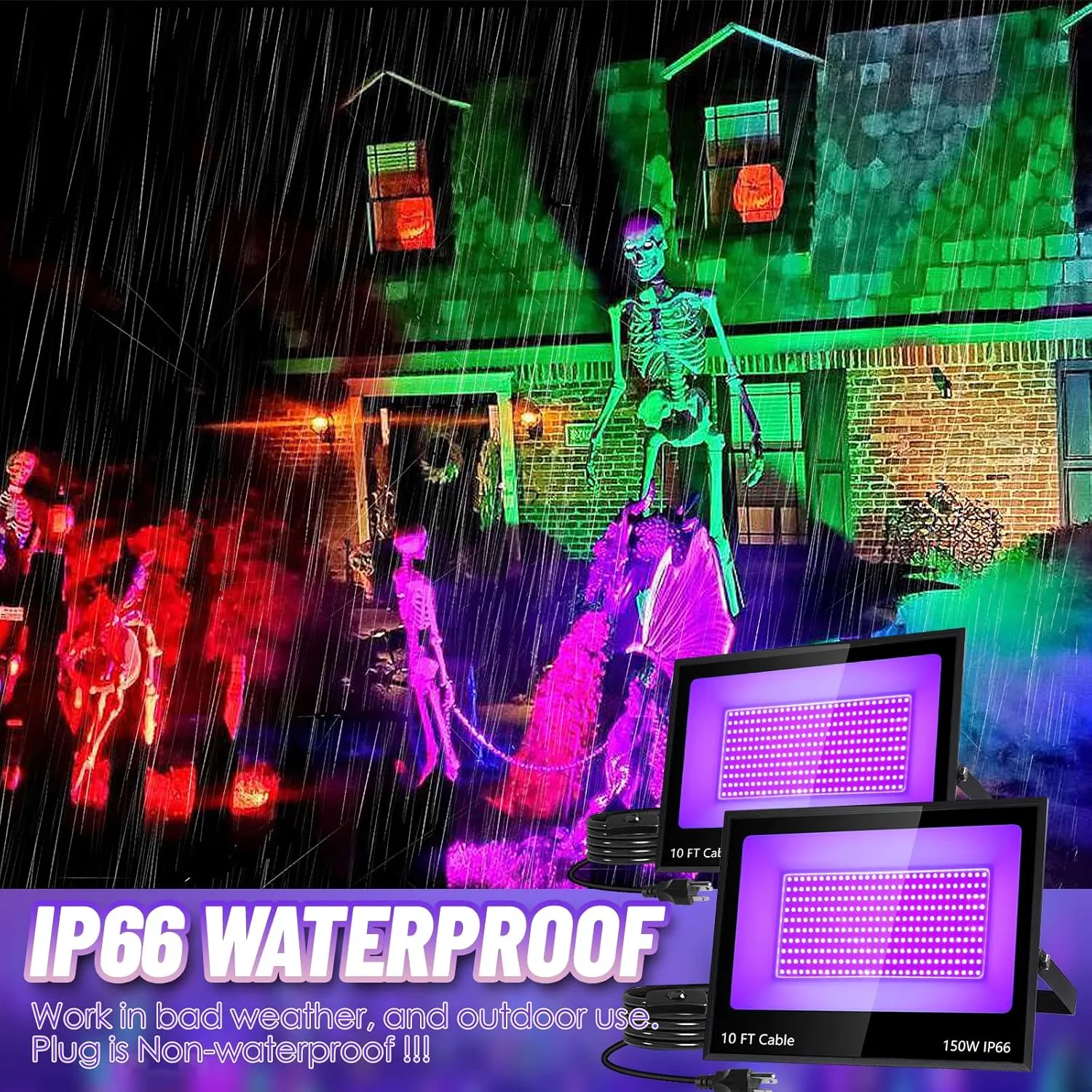 IP66 150W Blacklight with 10ft Cable, Waterproof Outdoor LED Black Light Floodlight with Switch&Plug for Neon Party, Halloween, Fluorescent, Birthday, Glow in The Dark, 2 Pack